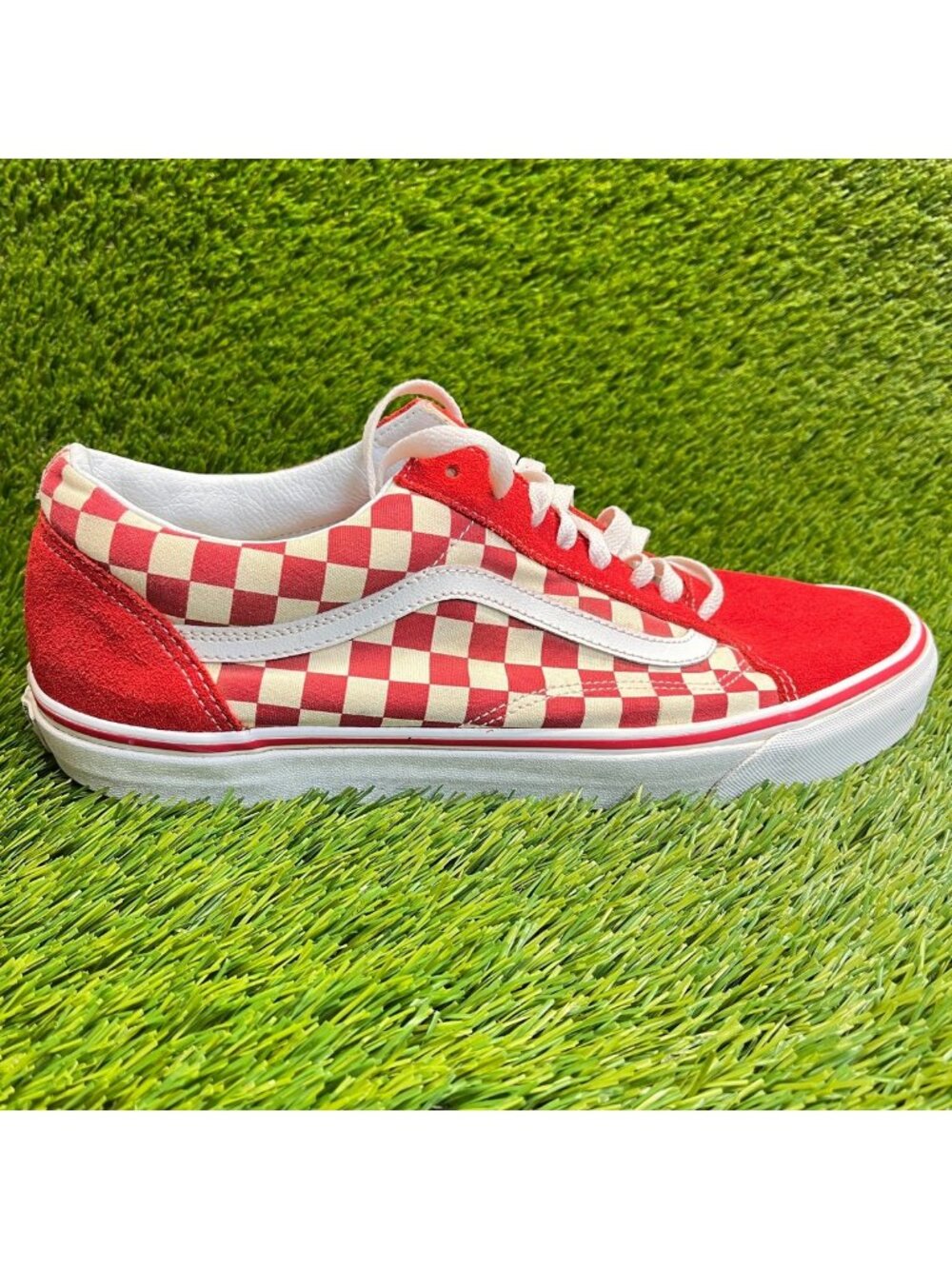 Vans Old Skool Checkerboard Mens Size 13 Red White Athletic Skate Shoes Sneakers